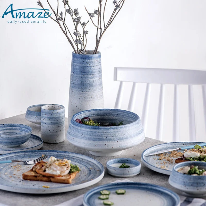 Wholesale nordic style hand painted blue ceramic kitchen dinner set dinnerware tableware set for restaurant home