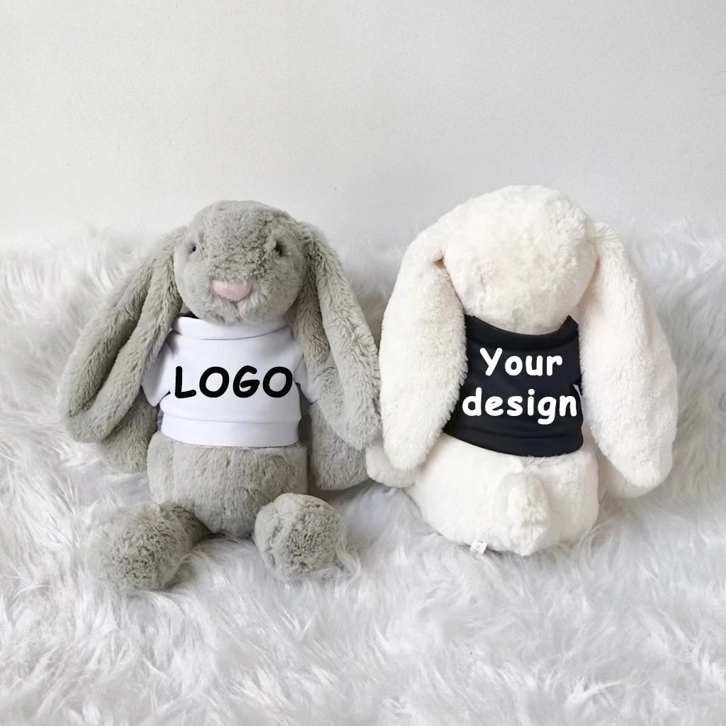40CM Wholesale Cute fluffy soft cartoon stuffed animals long ear rabbit plush toy custom logo plush bunny with T-shirt