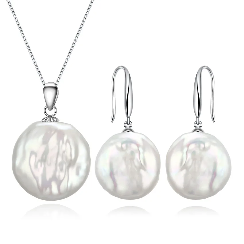 16mm coin shape large size fresh water natural freshwater real pearl necklace and earring set
