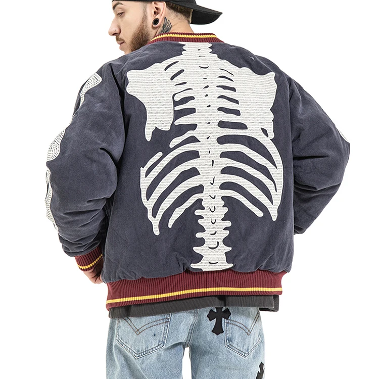 Boxiang Garment Custom Wholesale Loose Fit Embroidered Suede Fabric Coat with Inner Quilted Vintage Bone Bomber Jacket for Men