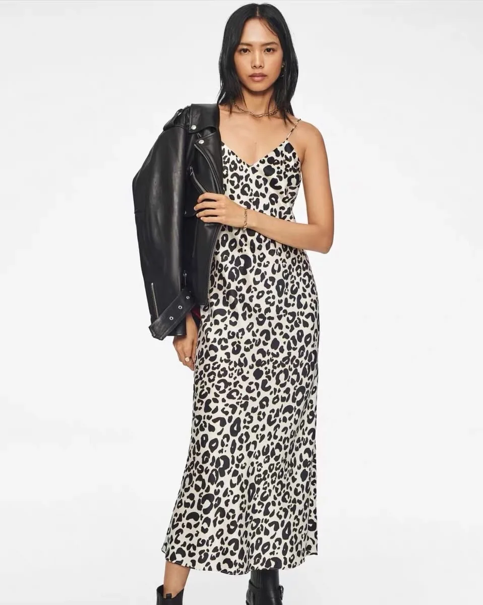 Women 100% real silk bodycon dress Spaghetti Strap luxury high quality Leopard mulberry silk dress