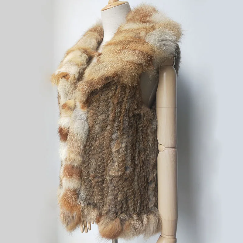 Women Knitted Real Rabbit Fur Vest With Real Fox Fur Collar Short Female Genuine Fur Waistcoat Female Sleeveless Jacket