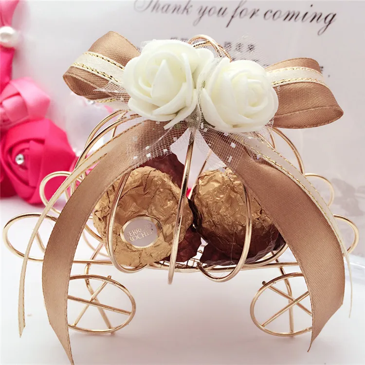 High Quality Metal Carriage Flower Candy Box Wedding Party Favor Gifts Candy Box With Ribbon