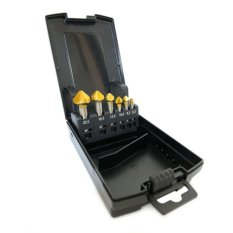 6 Piece DIN 335 Form C 90 Degree HSS Countersink Set for Wood, Metal and Plastic In Practical Storage Box