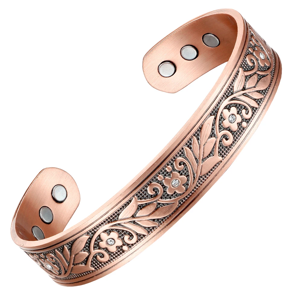 BioMagnetic Jewelry 15mm Men Copper Bangle Flower Pattern with Crystal Cuff Bracelet Wide Copper Magnetic Bracelet