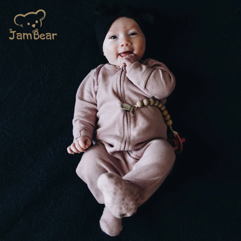 Baby Organic waffle romper Organic Thermal Footie new baby zip romper High Quality infant jumpsuit ribbed knit romper