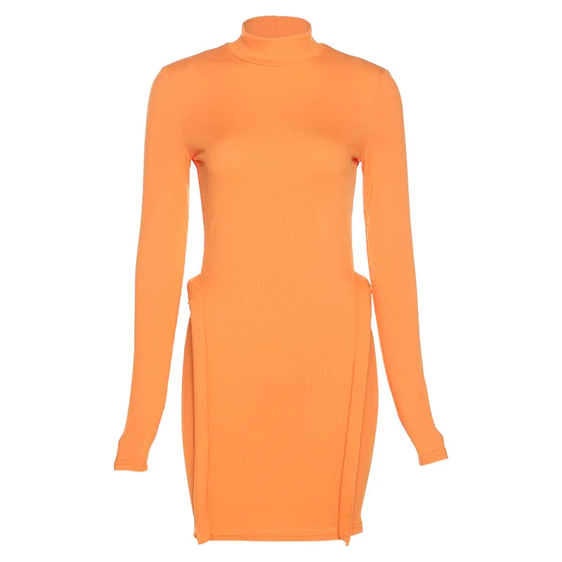 Knitted Stitching Mini Dress Women Hipster Skinny Three-dimensional Decoration Long Sleeve Turtleneck Streetwear Bodycon Dress
