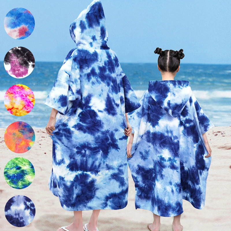 Microfiber Adults Kids Hand tie-dyeing Beach Towel Poncho Children Beach Poncho Windproof Hooded Beach Towel