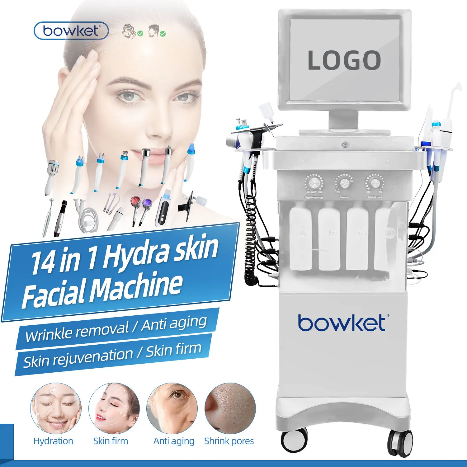 BOWKET 14 in 1 Diamond Microdermabrasion Aqua Peeling Wrinkle Removing Care Hydrodermabrasion Facial Machine