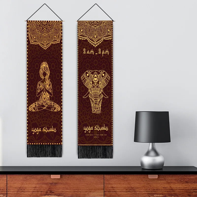 Custom Indian Hippie Elephant Yoga Meditation Goddess Long Tapestry Vertical Wall Hanging with Tassel