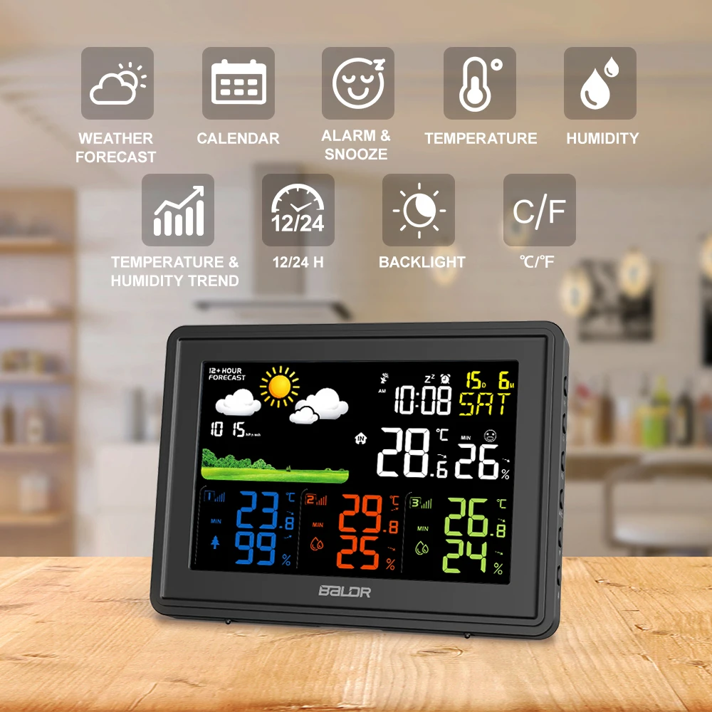 BALDR Weather Forecast Station with Multiple Remote Sensors Digital Temperature and Humidity Meter Barometer Pressure Clock