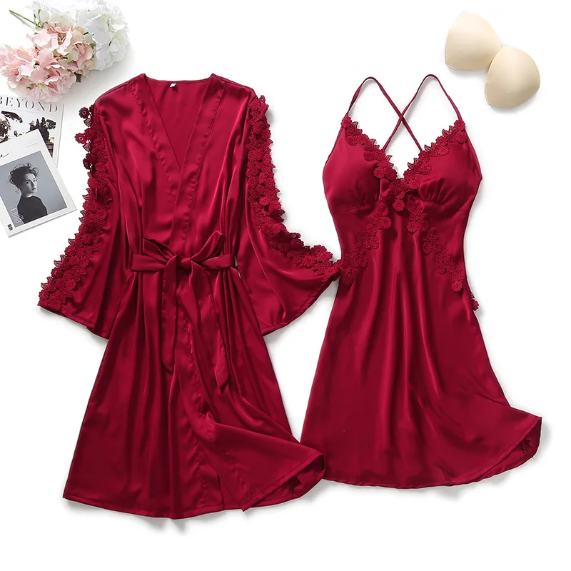 Women Lace Satin 2pcs Pajamas set Silk Sexy Nightgown for Bride