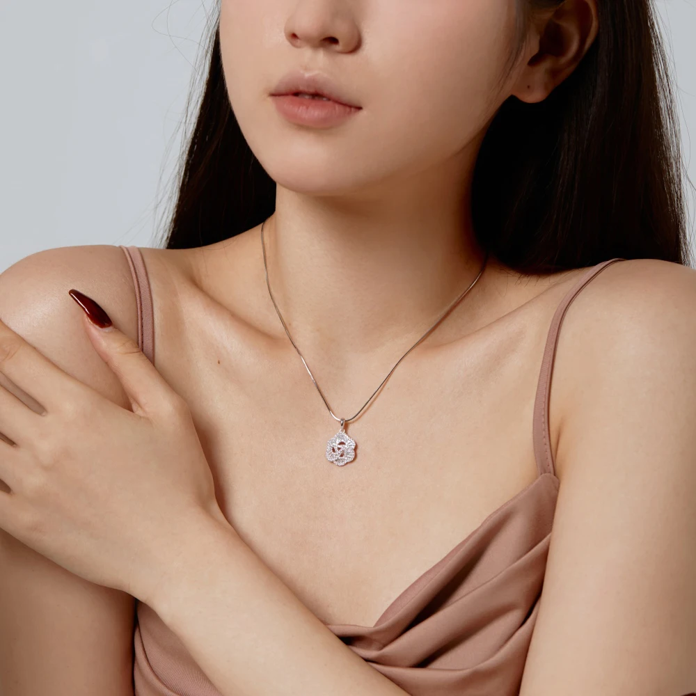 Dylam Stylish 925 Sterling Silver Rhodium Plated Snake Chain 5A Cubic Zircon Infinity Flower Pendant Necklace Jewelry for Women