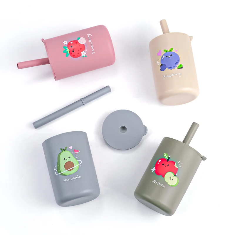 High Quality Outdoor Portable Food Grade Silicone Cup Lid BPA Free Kids Toddler Children Water Drinking Baby Sippy Cup Straw