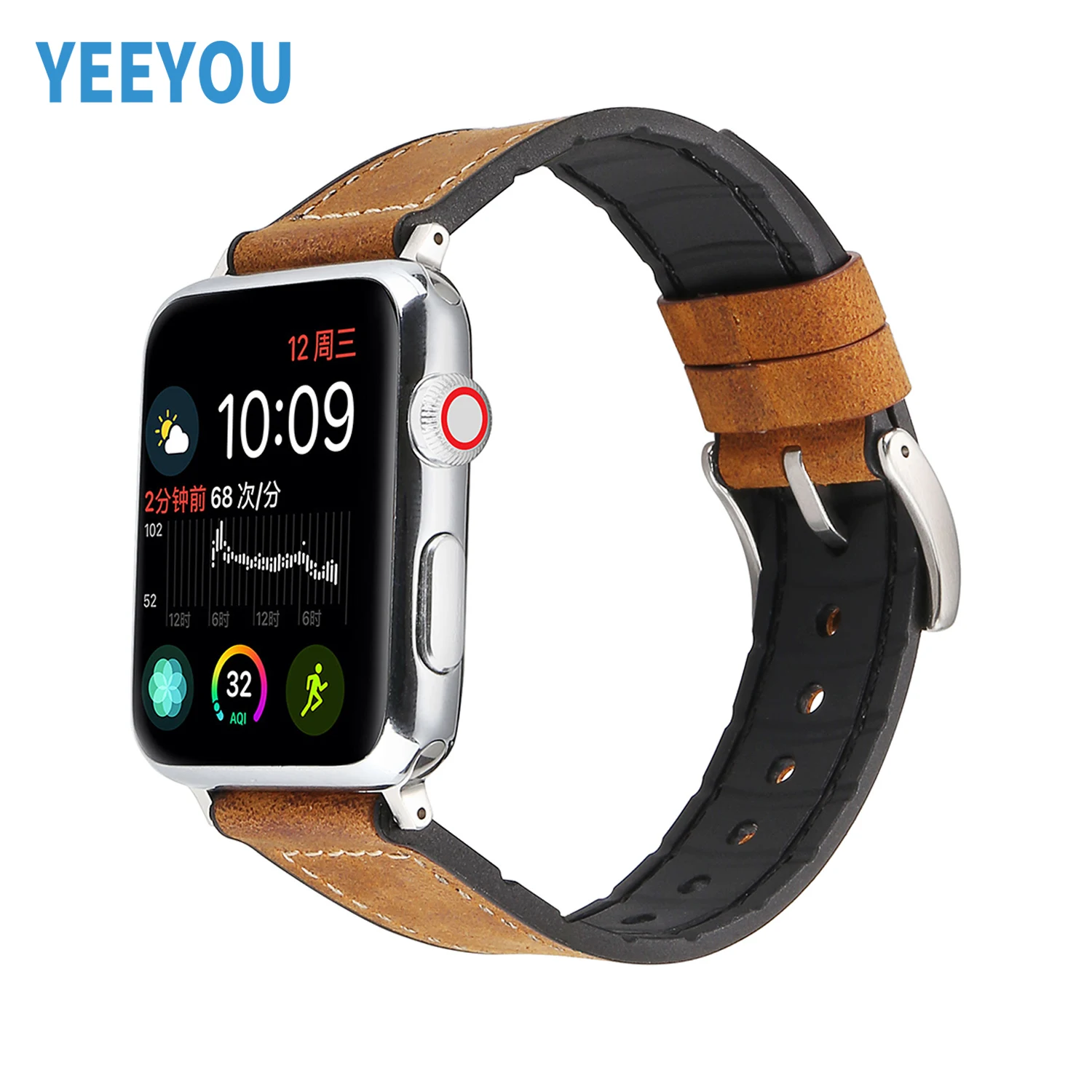 Compatible with Apple Watch Serie 8/7/6/5 Ultra Genuine Leather and Rubber Hybrid Band Strap for iWatch 38 40 42 44mm
