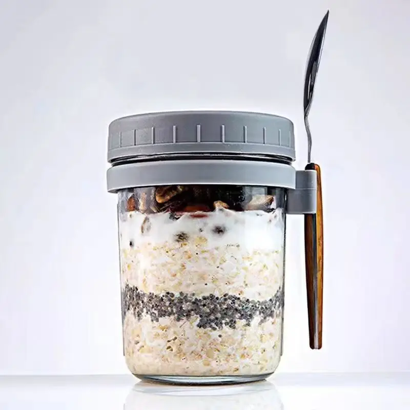 Glass container for food storage -12 ounce overnight oatmeal glass jar set - Overnight oatmeal jar with spoon