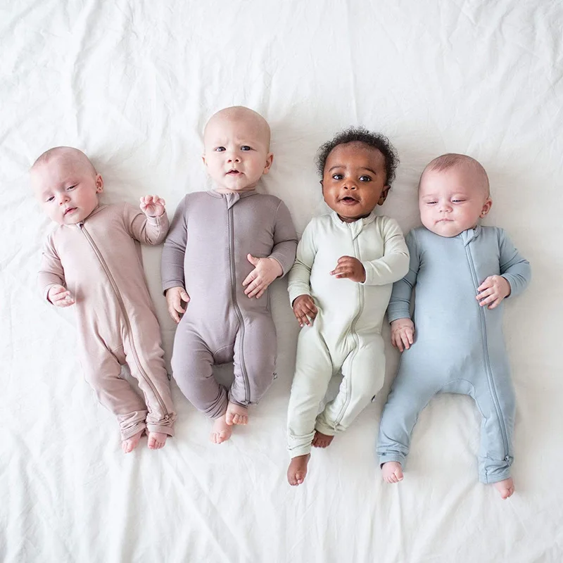 Green Horizon Newborn Pajamas Long Sleeve Bamboo Baby Romper Jumpsuit with Zipper Custom Logo Printed Solid Color Full Casual
