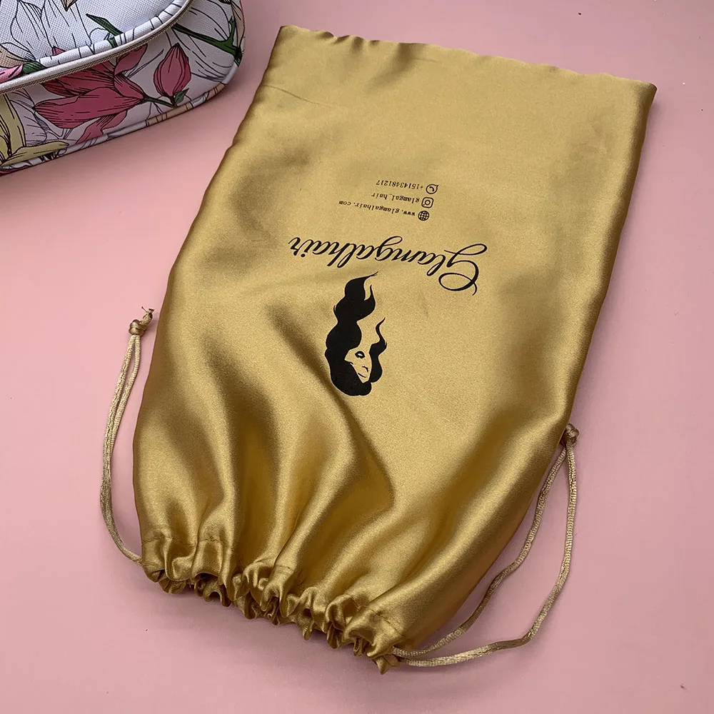 Beige  Custom Size Drawstring Satin Hair Extension Packaging Bags with Tassels