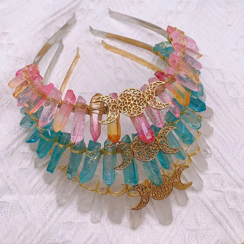 colorful Natural Crystal Quartz Tiara Women Weeding Party Rhinestone Crown Hair Band