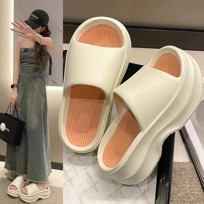 Summer Super Thick Sole Increase Slippers Women Anti-Slip Anti-Odor Two-Color Vertical Stripe Bottom Fashion Everything