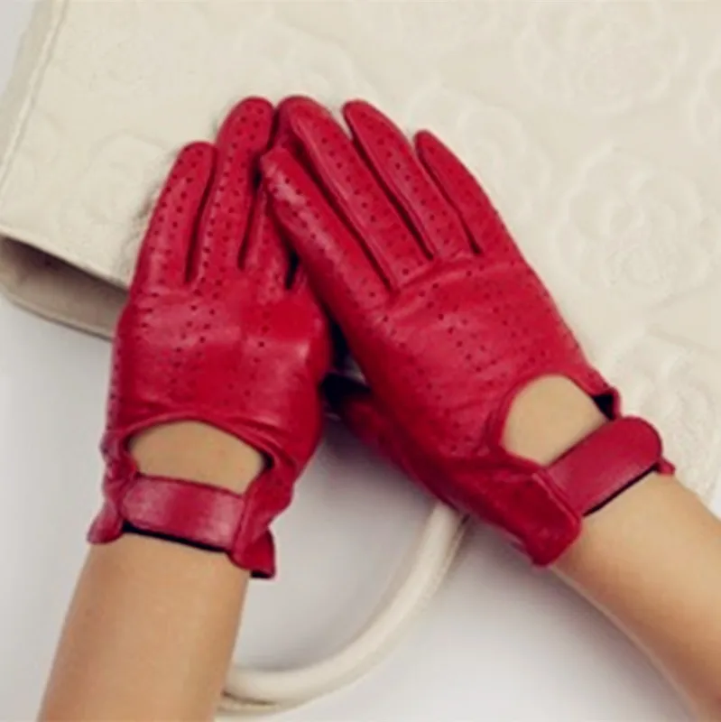 Fashion hole thin touch sexy lady dress genuine red leather gloves women