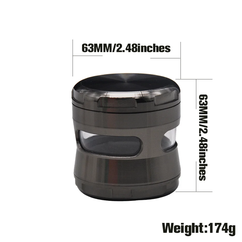 Wholesale Custom Logo Zinc Alloy Metal Green Black Color With Observation Window 63MM 4 Parts Herb Grinder Pepper Mill Crusher