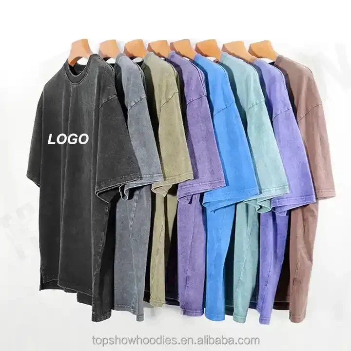 Custom boxy washed 100% cotton tshirt plain mock neck vintage tee drop shoulder heavyweight screen print acid wash t shirt men
