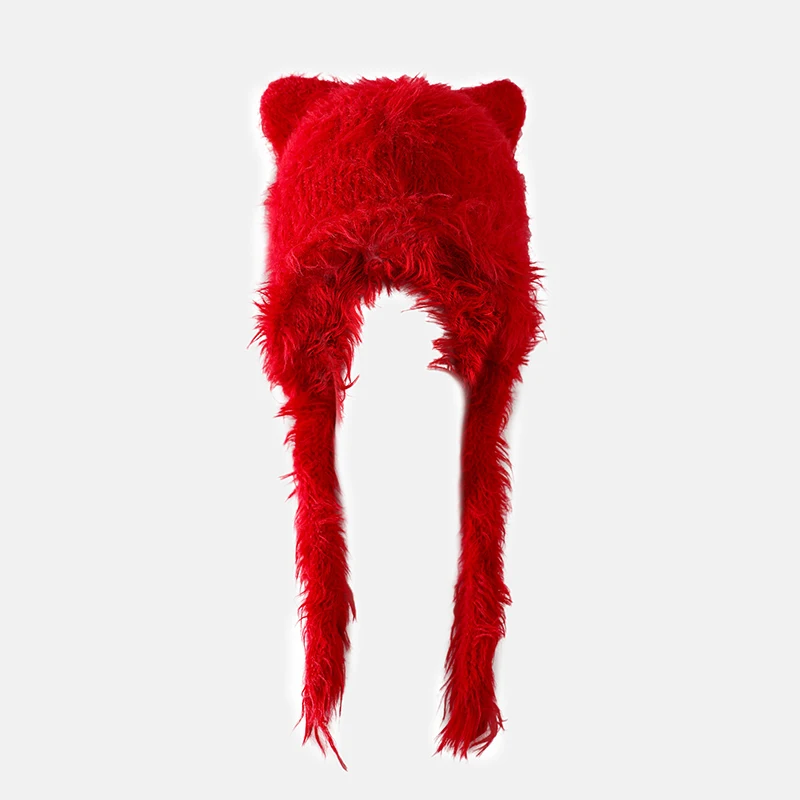Lady Autumn Winter Warm Ears Beanie Hat Plush Cat Ears Knitted Hat Ear Protection Beanie