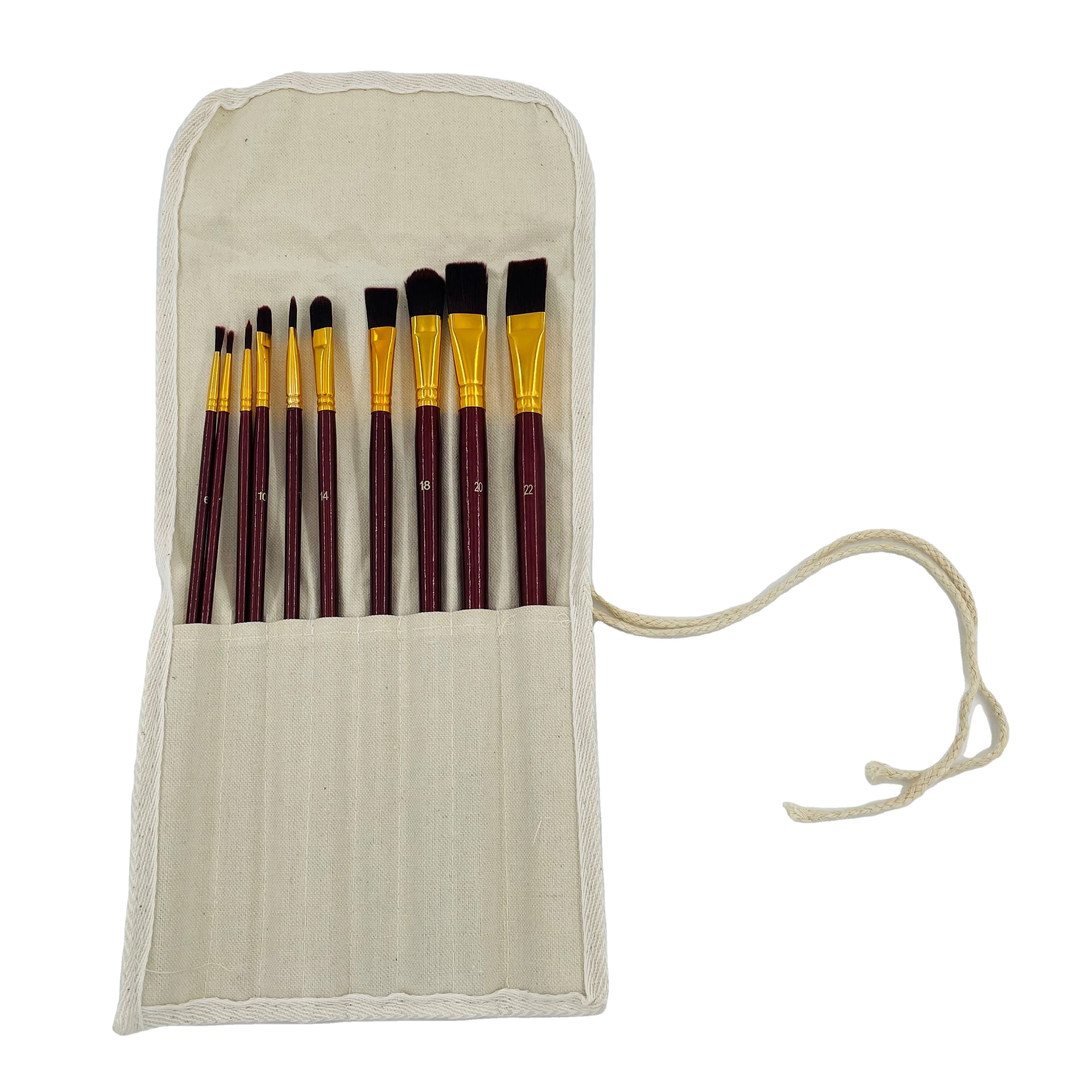Artist Paint Brush Set Different Sizes nylon hair aluminum tube long red color wooden handle acrylic paint brush set