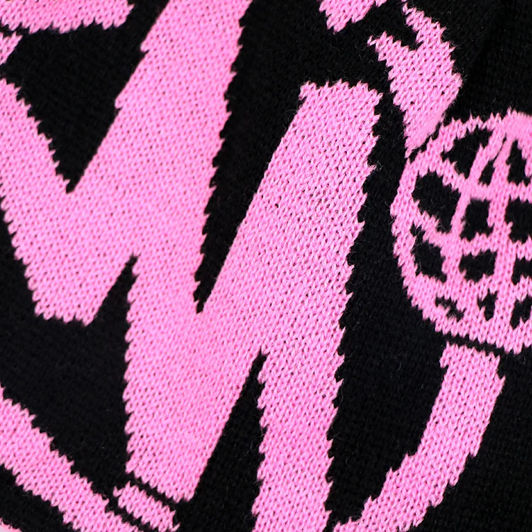 Qianzun manufacturers pink letter logo cuffless acrylic custom jacquard knit reversible beanie hat
