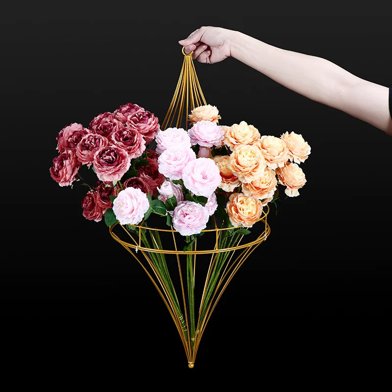 new arrival metal wire flower stand gold white big cone shape hanging flower basket indoor wedding ceiling backdrop decor