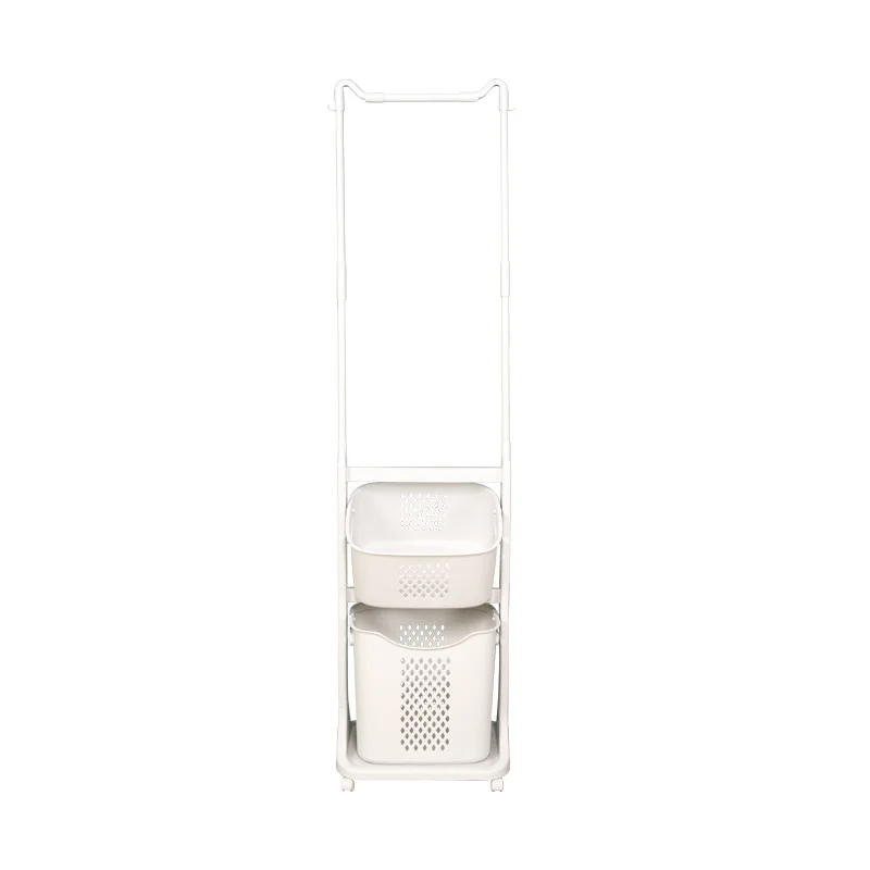 Bathroom Hanger Dirty Clothes Basket Floor  Mobile Vertical  Storage  Coat  Hanger Hanging Storage Shelf with Two Laundry Basket