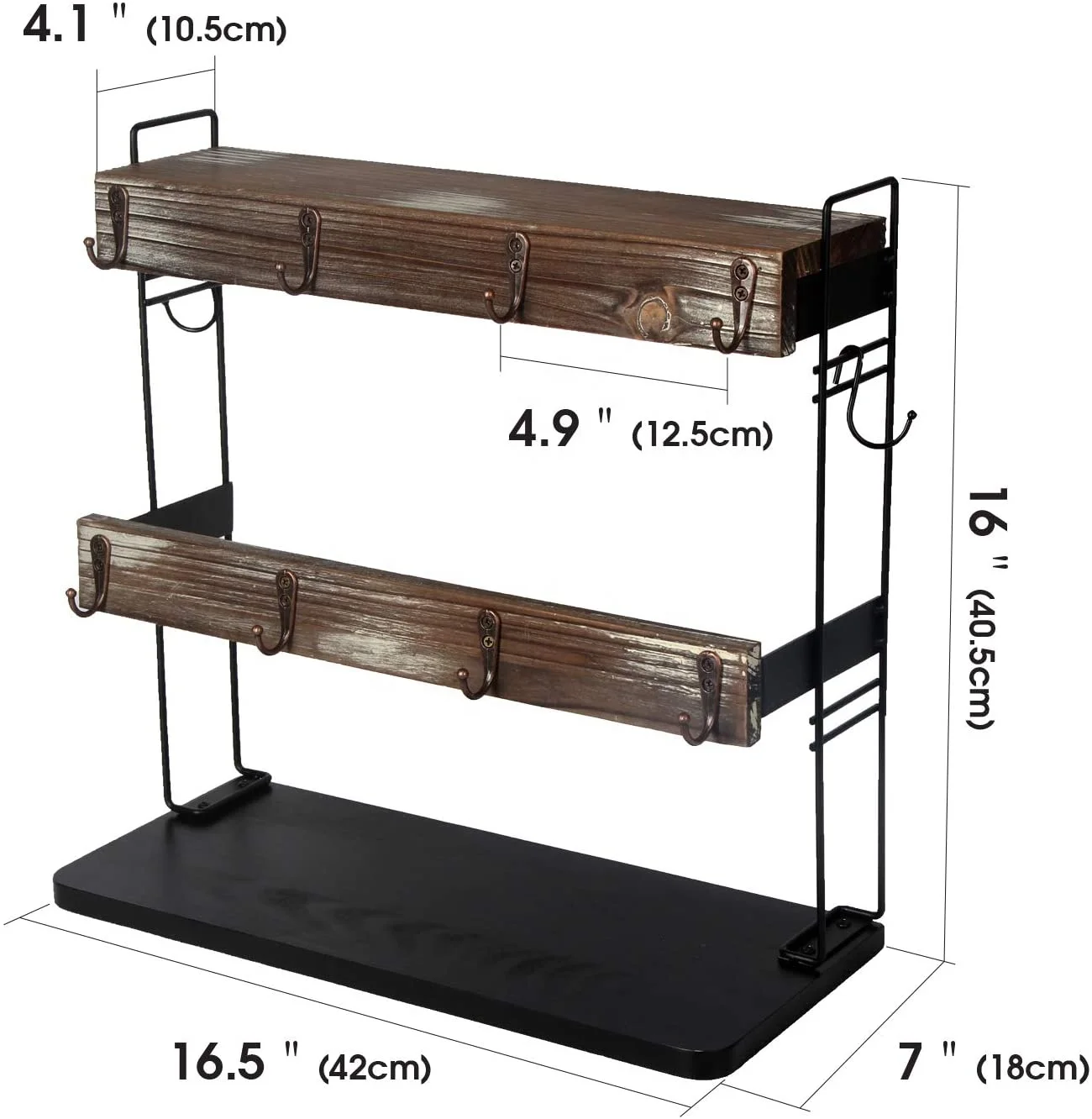 Rustic Wood Countertop 2 Tier Coffee Mug Cup Rack Holder Stand with Metal Frame and Wooden Shelf for Coffee Decor