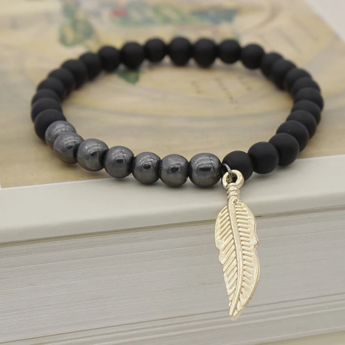spiritual leaf minimalist private label hematite natural stone bracelet