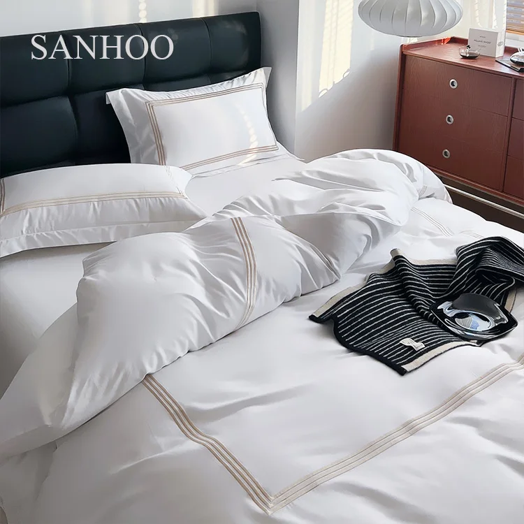 SANHOO Hotel Bedsheet White Embroidery 400 TC Percale Queen King Hotel Linen Bedding Set