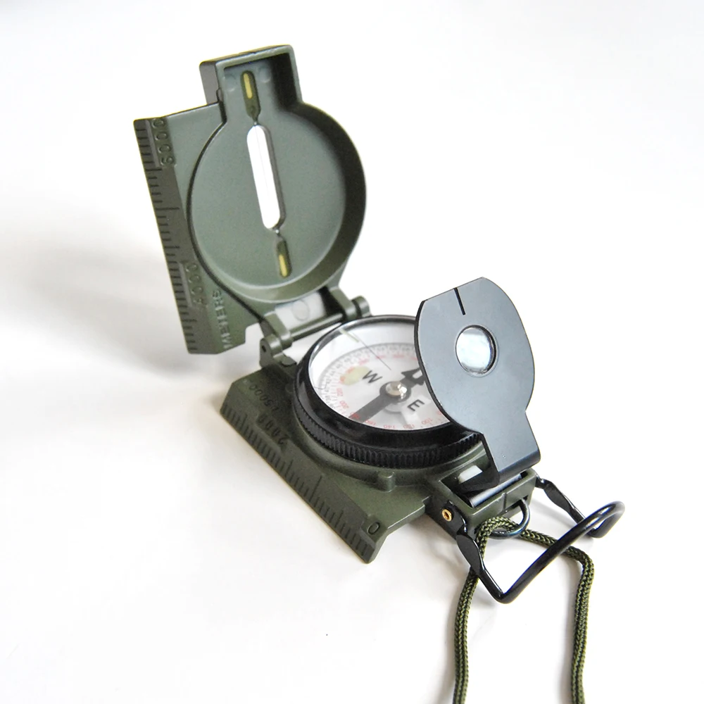 Portable Metal Lensatic Marching Compass Tactical Sighting Compass Fluorescent Dial Army Green Color Shockproof Outdoor Survival