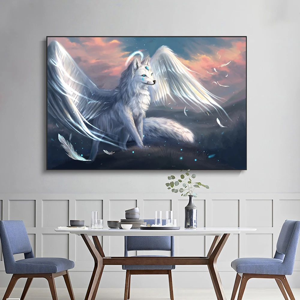 Abstract Animals White Snow Wolf with Wings Canvas Paintings Wall Art Posters and Prints Pictures for Living Room Decor No Frame