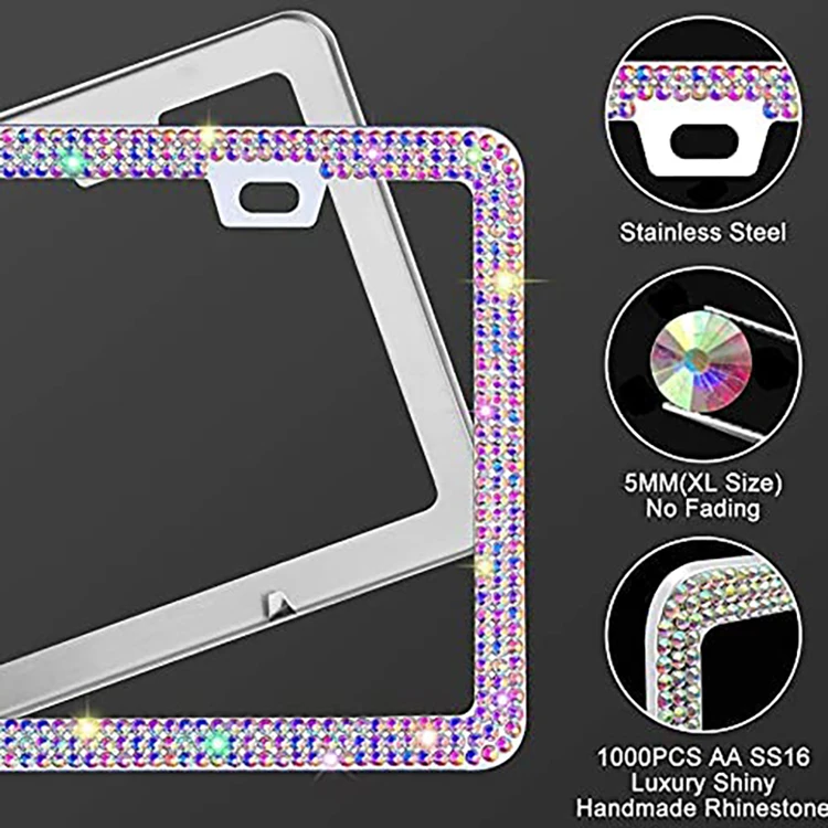 Bling Rhinestone License Plate Frame for Women Thin Border Luxury Diamond License Plate Frames Sparkly Stainless Steel