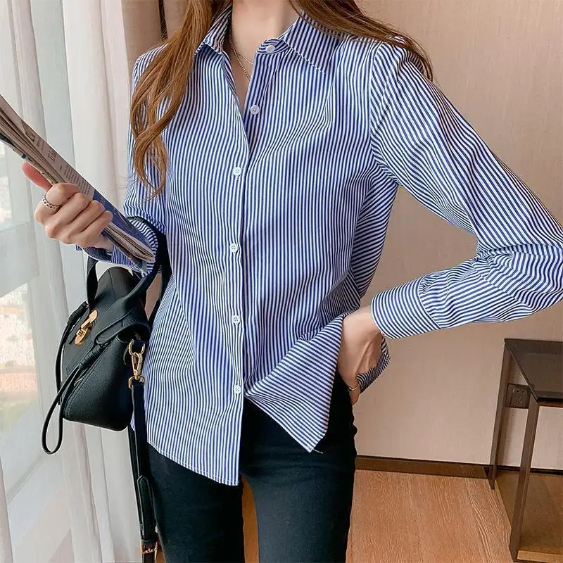 Women Blue Blouse Striped Printed Shirt O-Neck Top Femme Fashion Casual Elegant Shirts Work OL Blouse