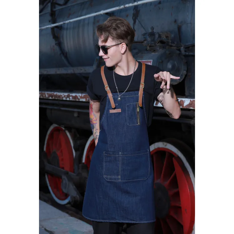 Custom Personality fashion Cafe Barista waiter blue cowboy straps apron