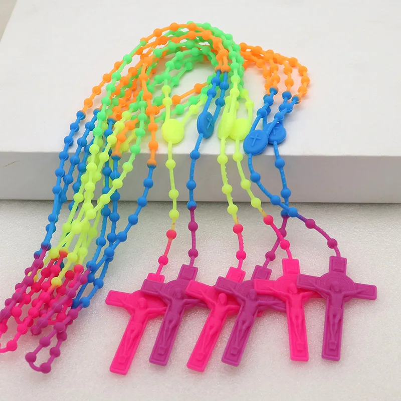 Silicone  Beads Rosary Cross Multicolor Cord Luminous Necklace