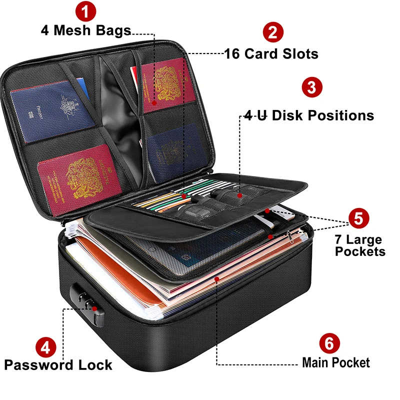 Portable important documents A4 travel document organizer filing safe waterproof fireproof document bag with lock