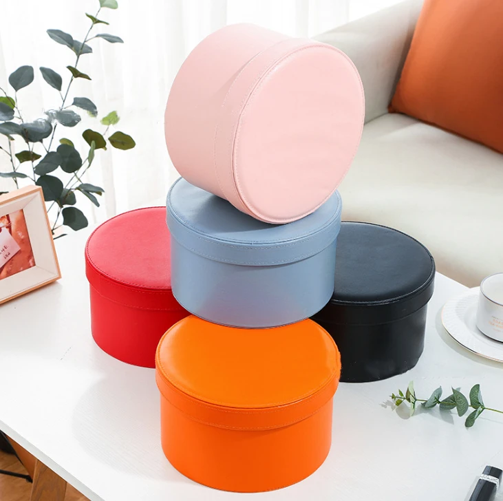 Wholesale high quality low price black round cardboard leather flower gift box pinkorange black red rose packaging box with lid