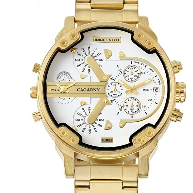 CAGARNY 6820 Luxury Brand Golden Watches Men Fashion 2 Time Zone Calendar Hot Quartz Stainless Steel Glass Waterproof Acrylic