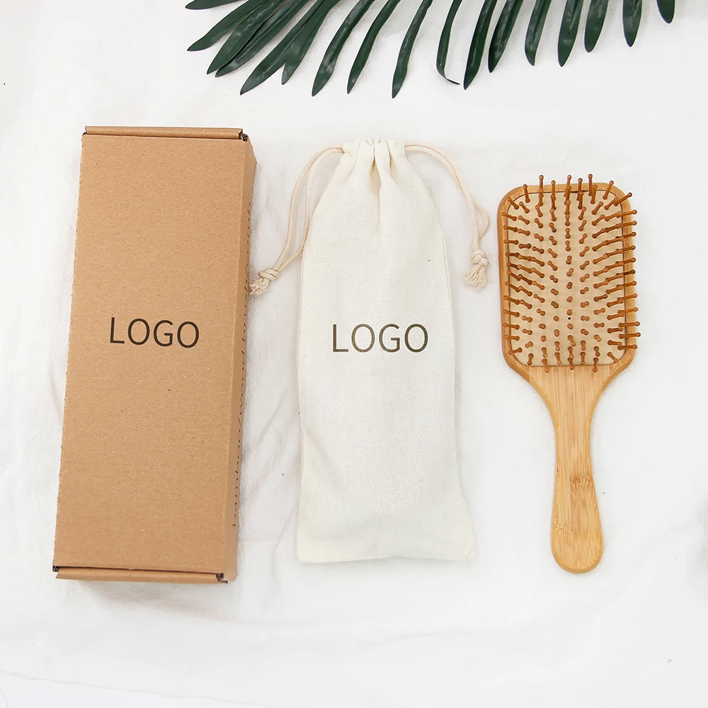 Factory-direct Sale Paddle Custom Logo Bamboo Wood Hair Brush for Detangler Women Hair Bamboo Hair Brush with Cotton Bag
