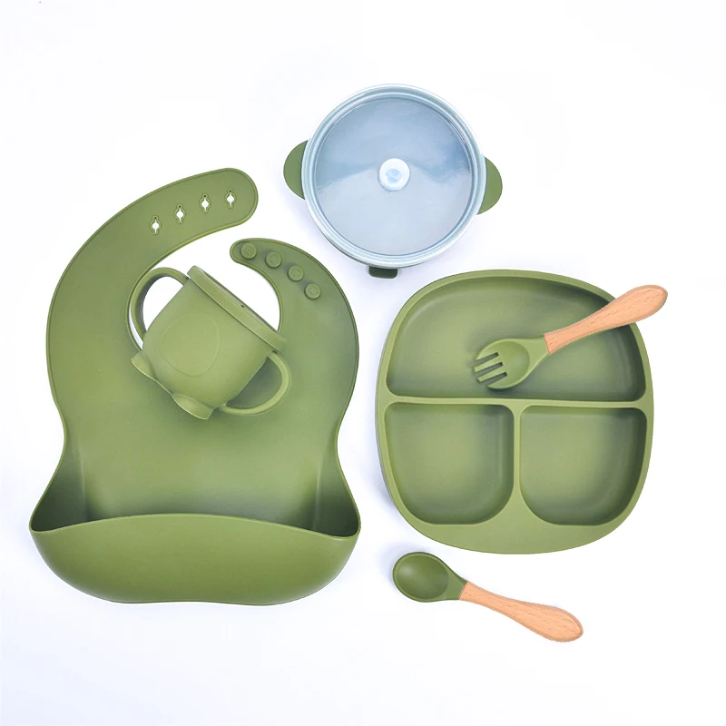 NEW Weaning Set Baby Tableware Bib Plate Suction Bowls Silicone Baby Feeding Set