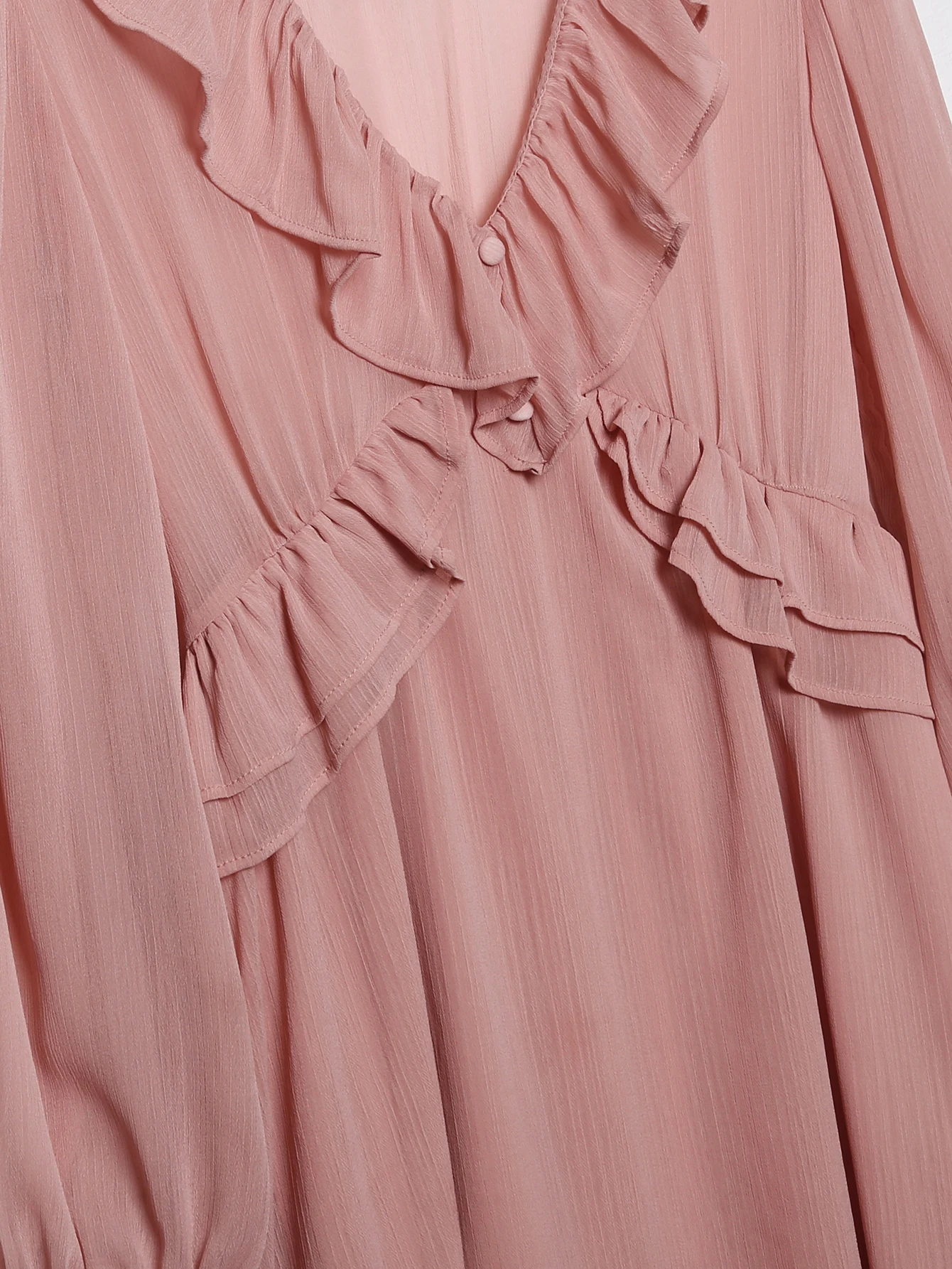 V neck solid color long sleeve front ruffle casual fashion mini dress for women