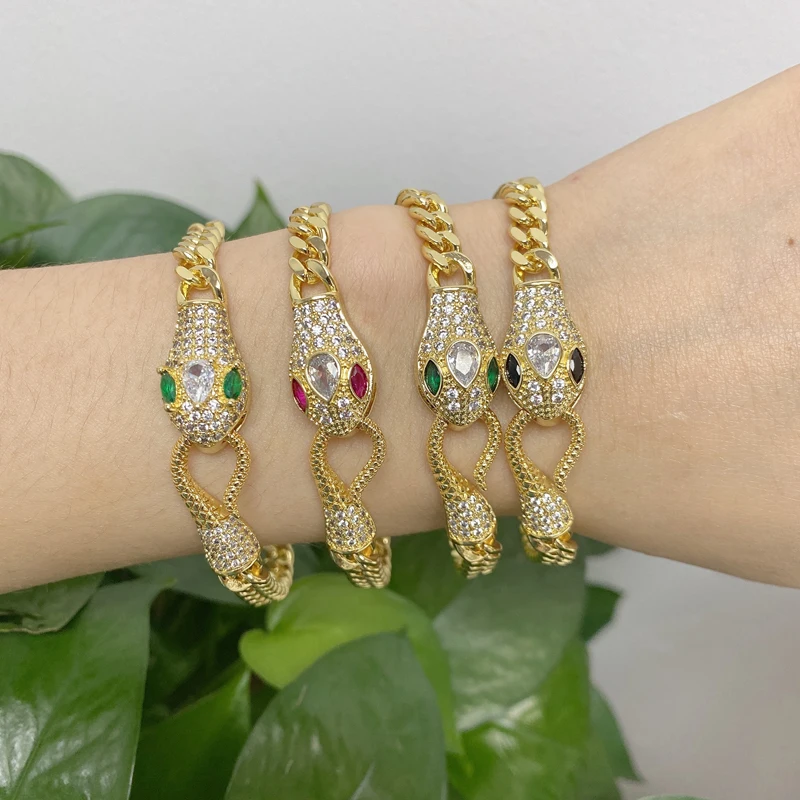 Cuban Chain Hip Hop Style Snake Body Bangle Gold Plated Brass Zircon Python Animal Bracelet Jewelry