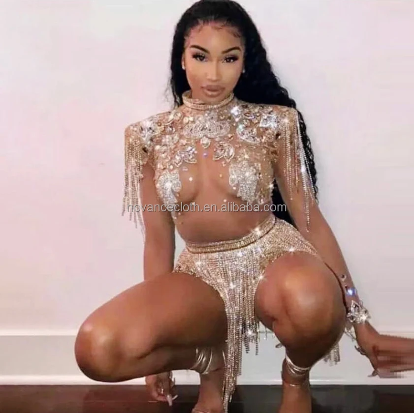 Manufacturer Womens Apparel Sexy See Through Tassel Rhinestone Bodysuits Dress Jewerled Bling Jumpsuit Traje Danza Del Vientre