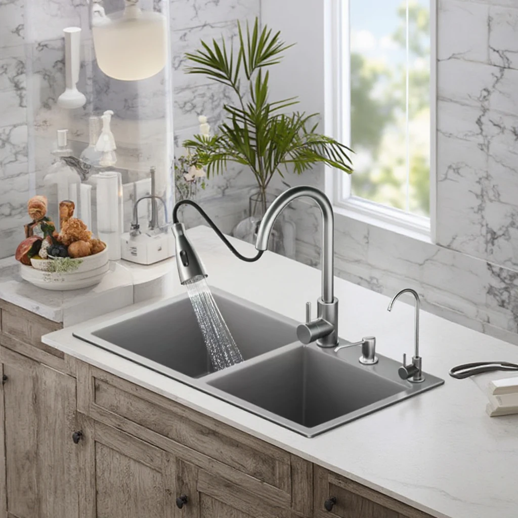 Modern Portable Double Bowl 304 Stainless Steel Kitchen Bathroom Sink Rectangular Shape Two Counter Faucet Cheap Undermount